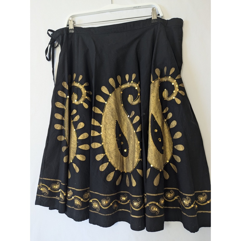 Ashro Paisley Sequin Skirt Womens XL Black Gold Cotton Boho Gypsy Midi Flare - Picture 3 of 8